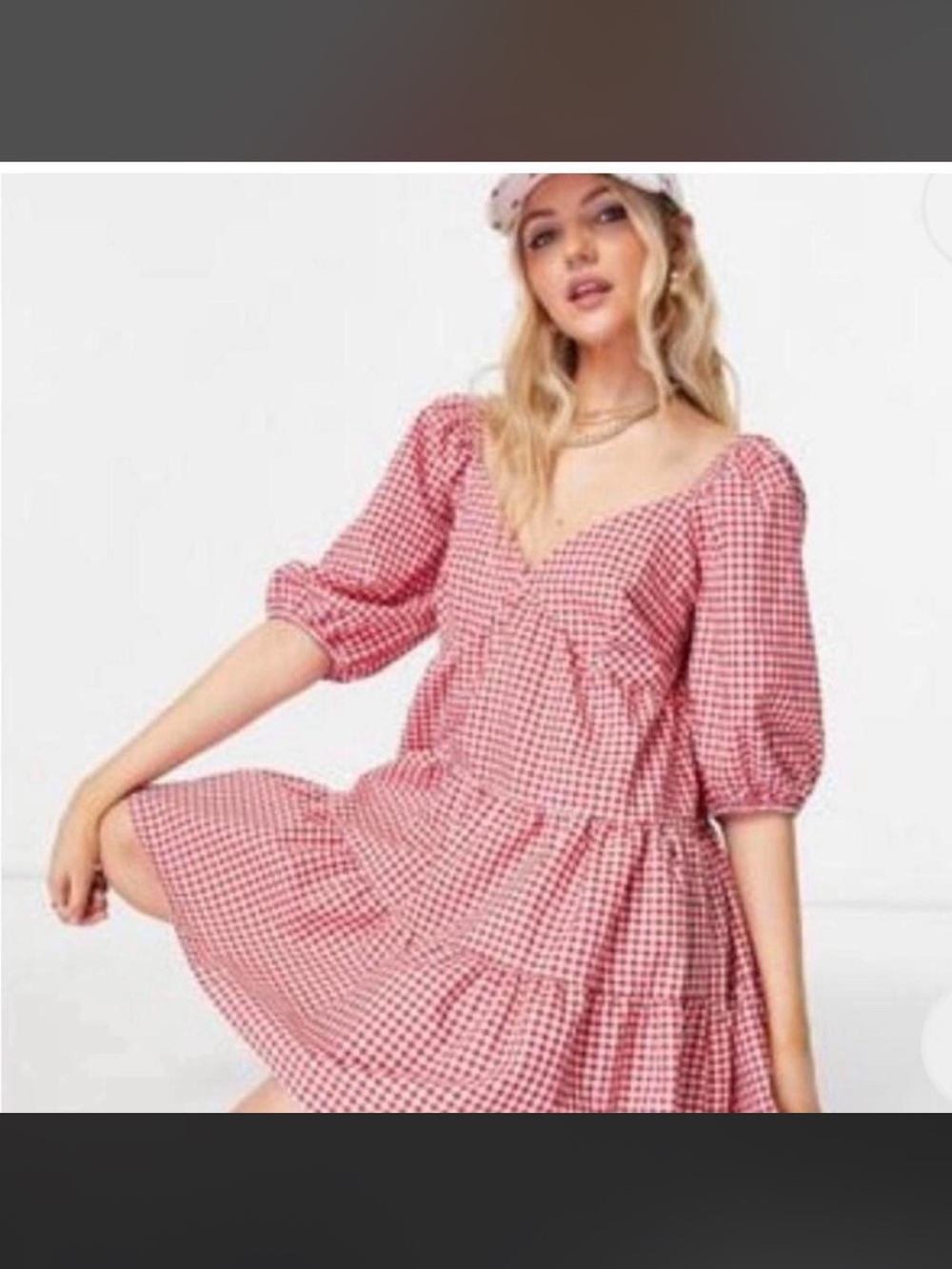 ASOS Red Gingham Puff-Sleeve Tiered Dress